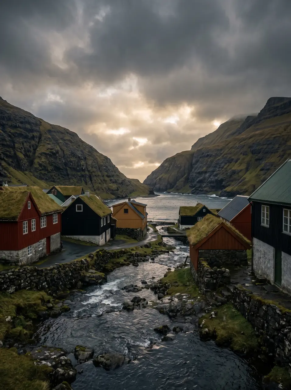 Painted houses along the bank